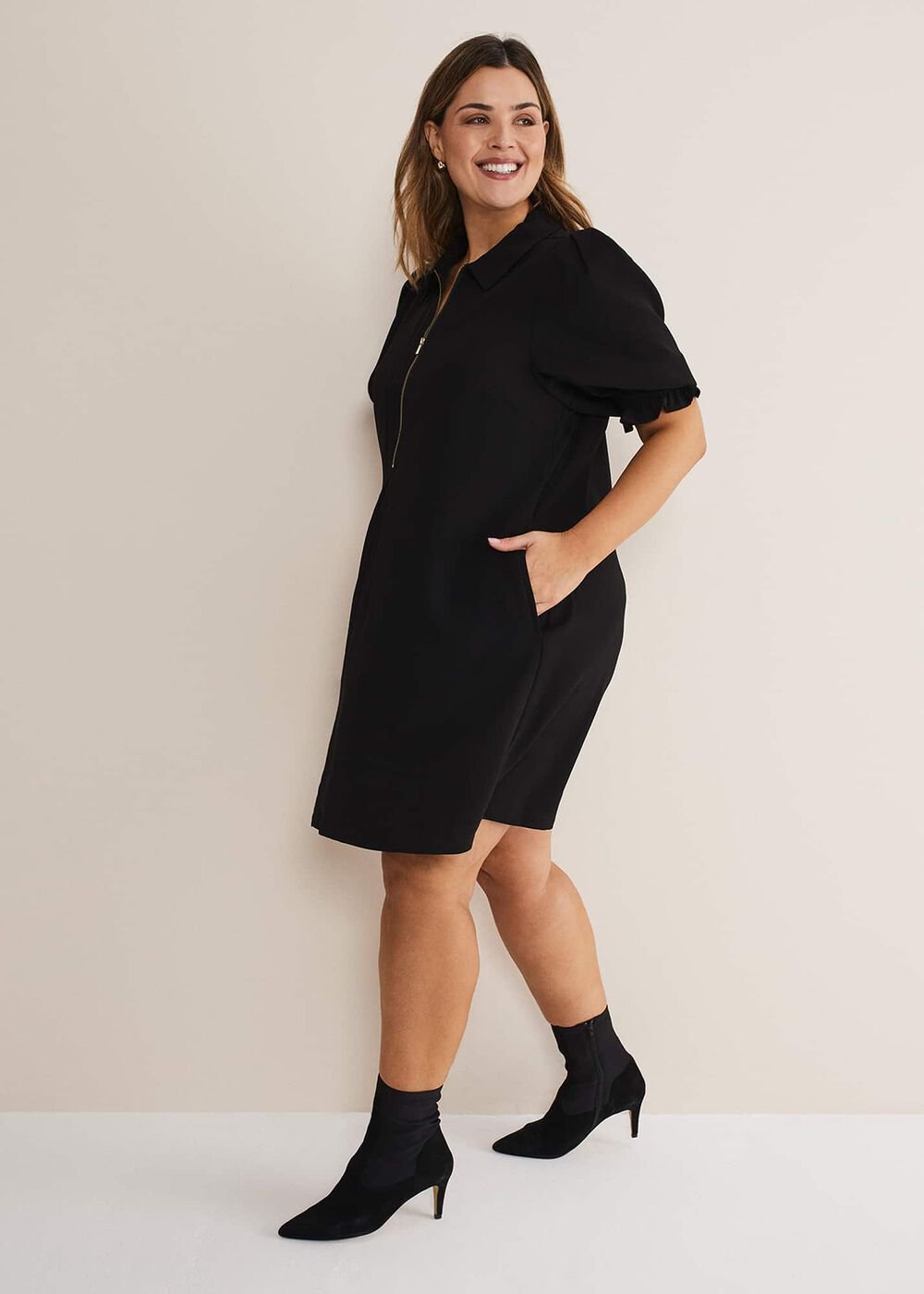 Navy Zip Mini Dress with Frill Sleeve Cuffs Navy