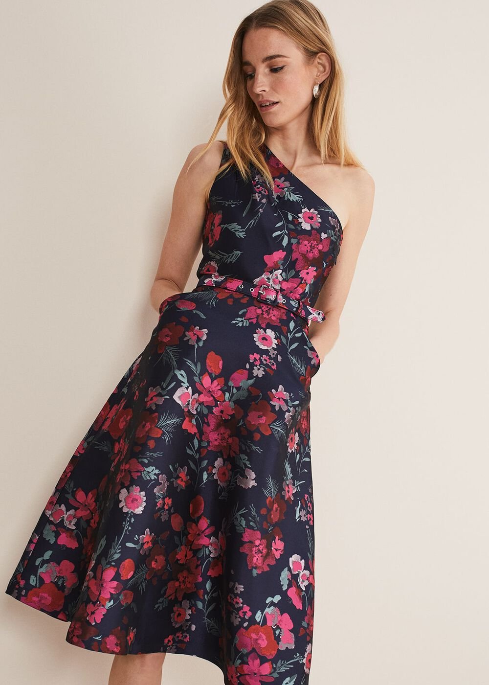 Tasha One Shoulder Jacquard Dress Navy/Multi