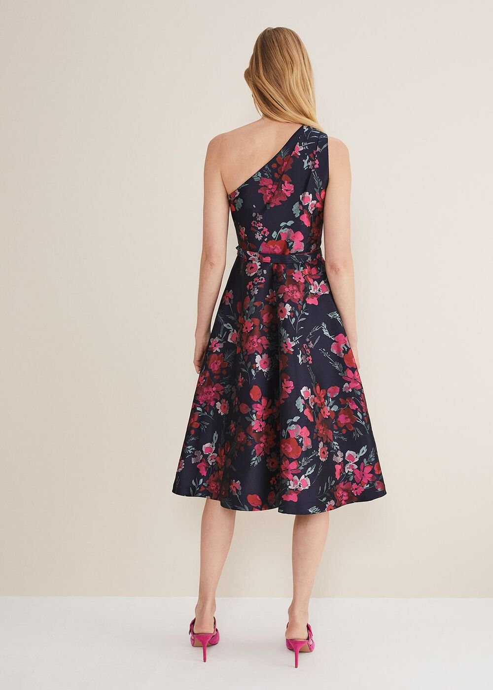 Tasha One Shoulder Jacquard Dress Navy/Multi