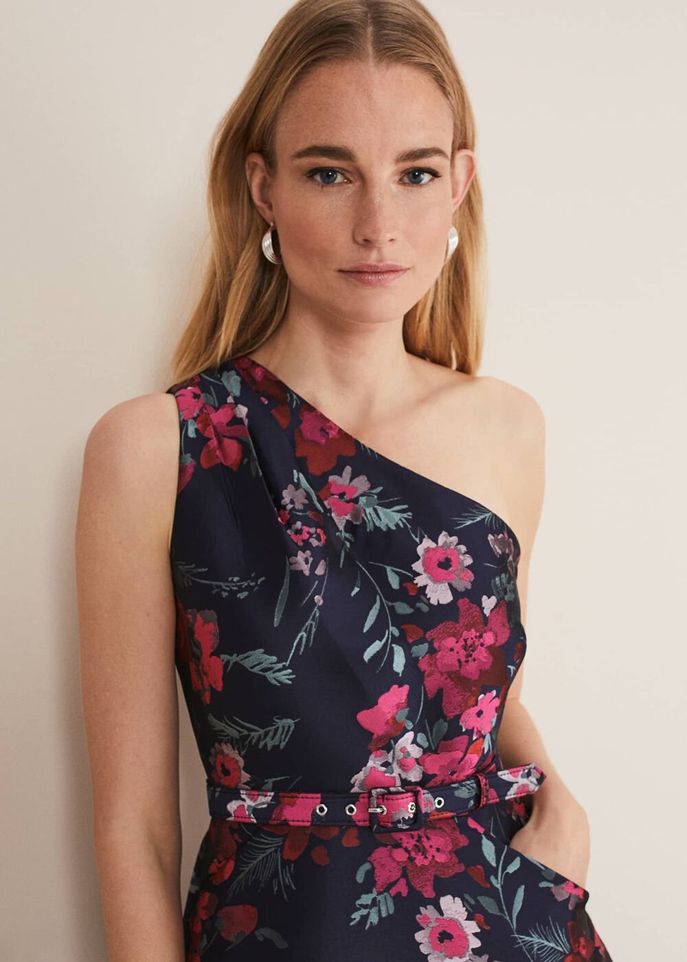 Tasha One Shoulder Jacquard Dress Navy/Multi