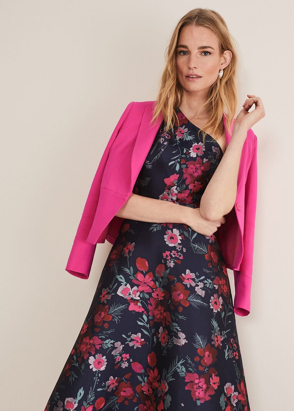 Tasha One Shoulder Jacquard Dress Navy/Multi