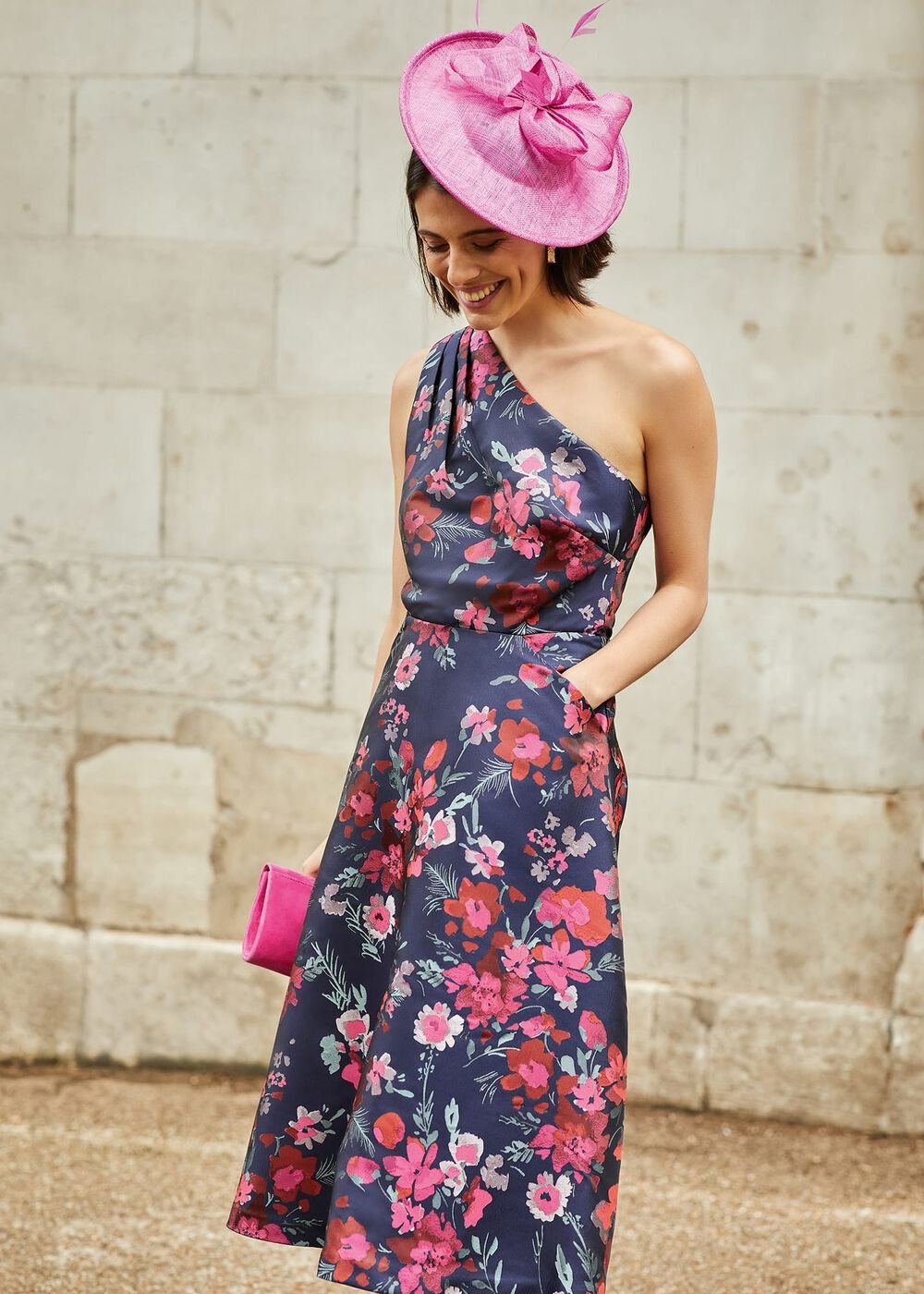 Tasha One Shoulder Jacquard Dress Navy/Multi