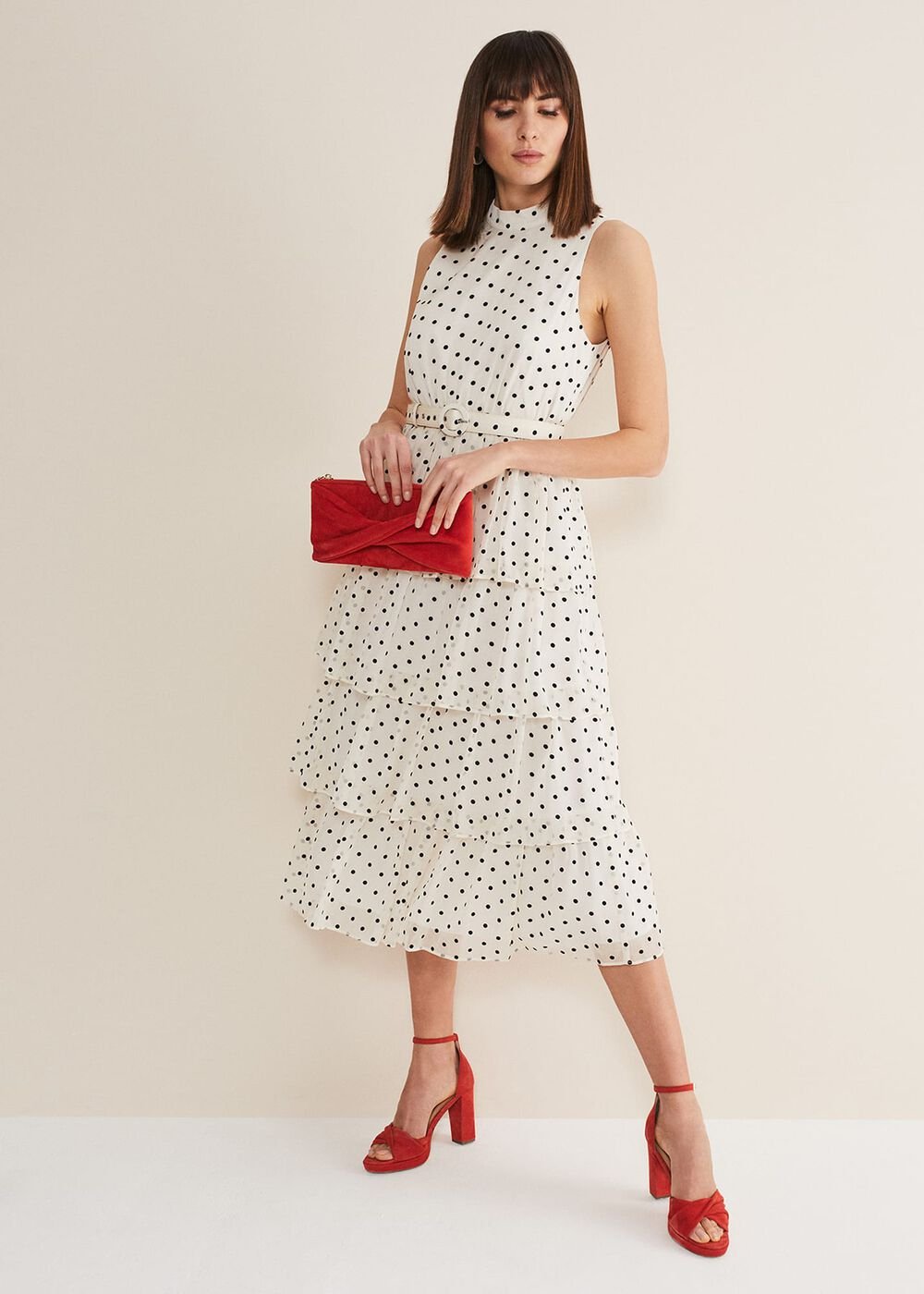 Rita Polka Dot Ruffle Midi Dress Black/White