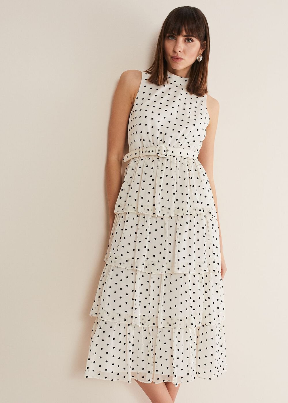 Rita Polka Dot Ruffle Midi Dress Black/White