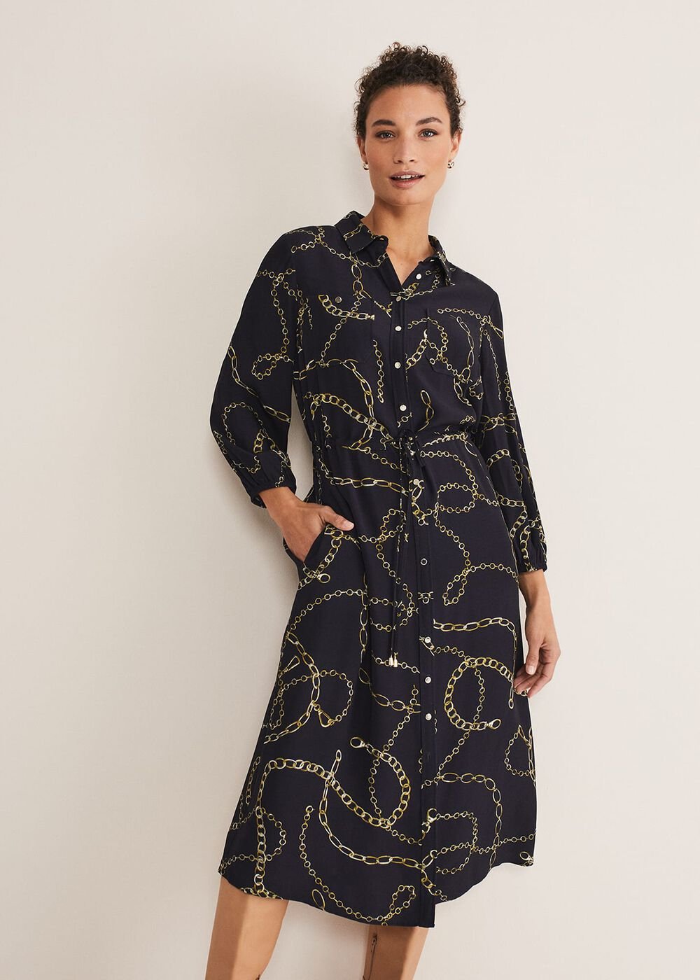 Tana Chain Print Shirt Midi Dress Navy
