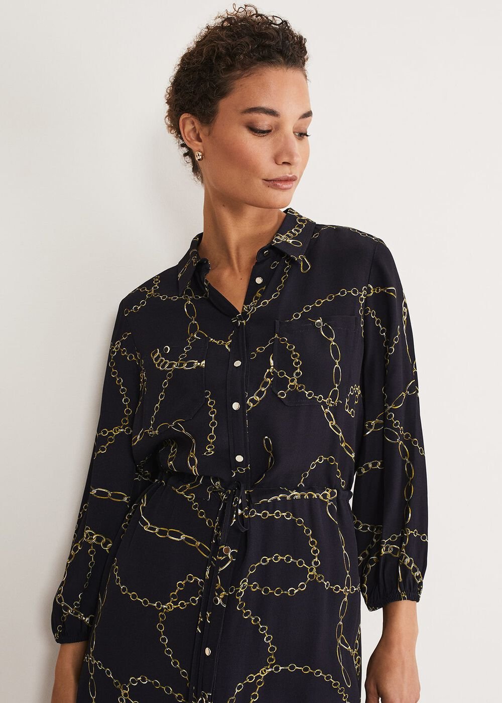 Tana Chain Print Shirt Midi Dress Navy