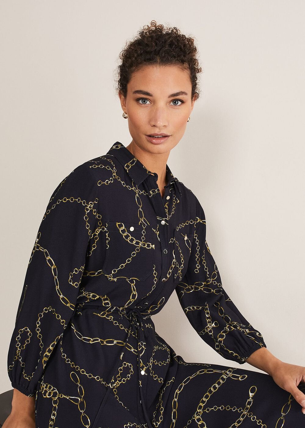 Tana Chain Print Shirt Midi Dress Navy