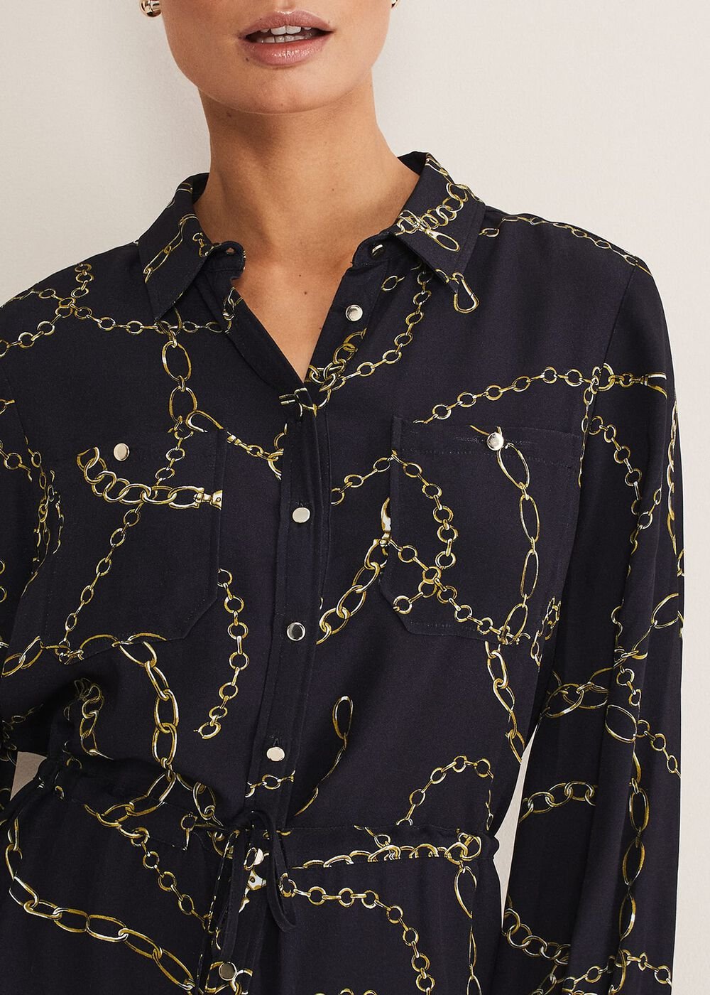 Tana Chain Print Shirt Midi Dress Navy