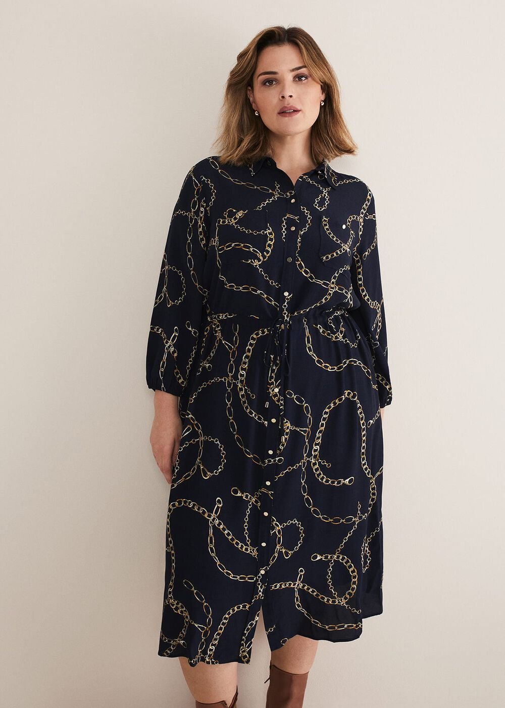 Tana Chain Print Shirt Midi Dress Navy