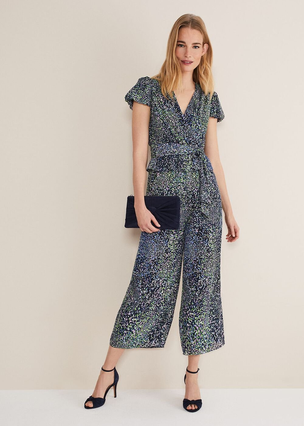 Leora Wrap Printed Plisse Jumpsuit Navy/Multi