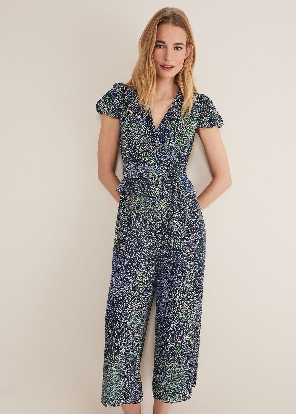 Leora Wrap Printed Plisse Jumpsuit Navy/Multi