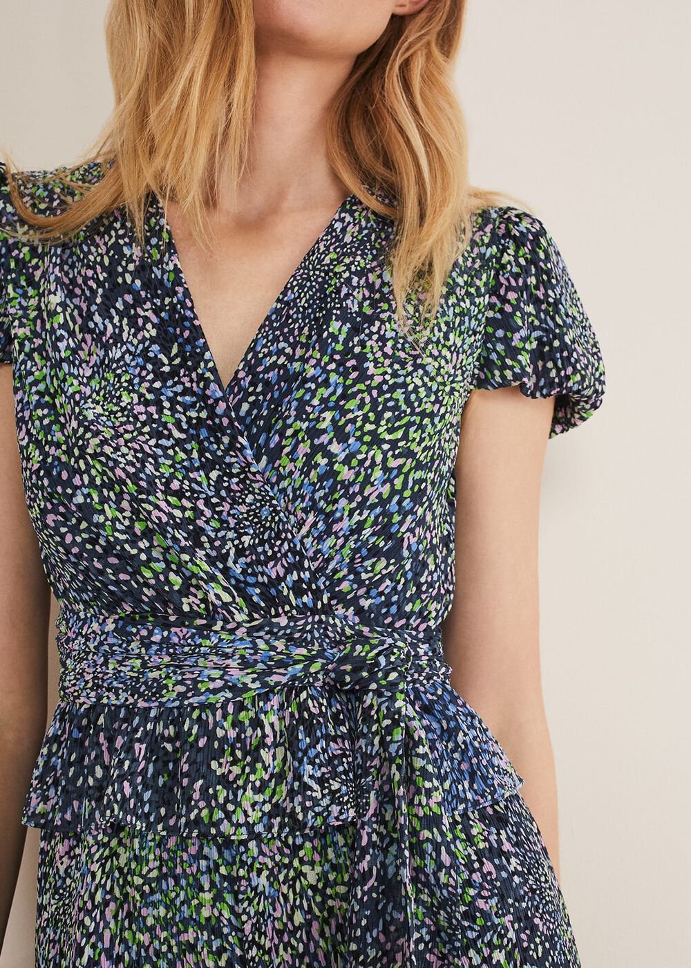 Leora Wrap Printed Plisse Jumpsuit Navy/Multi
