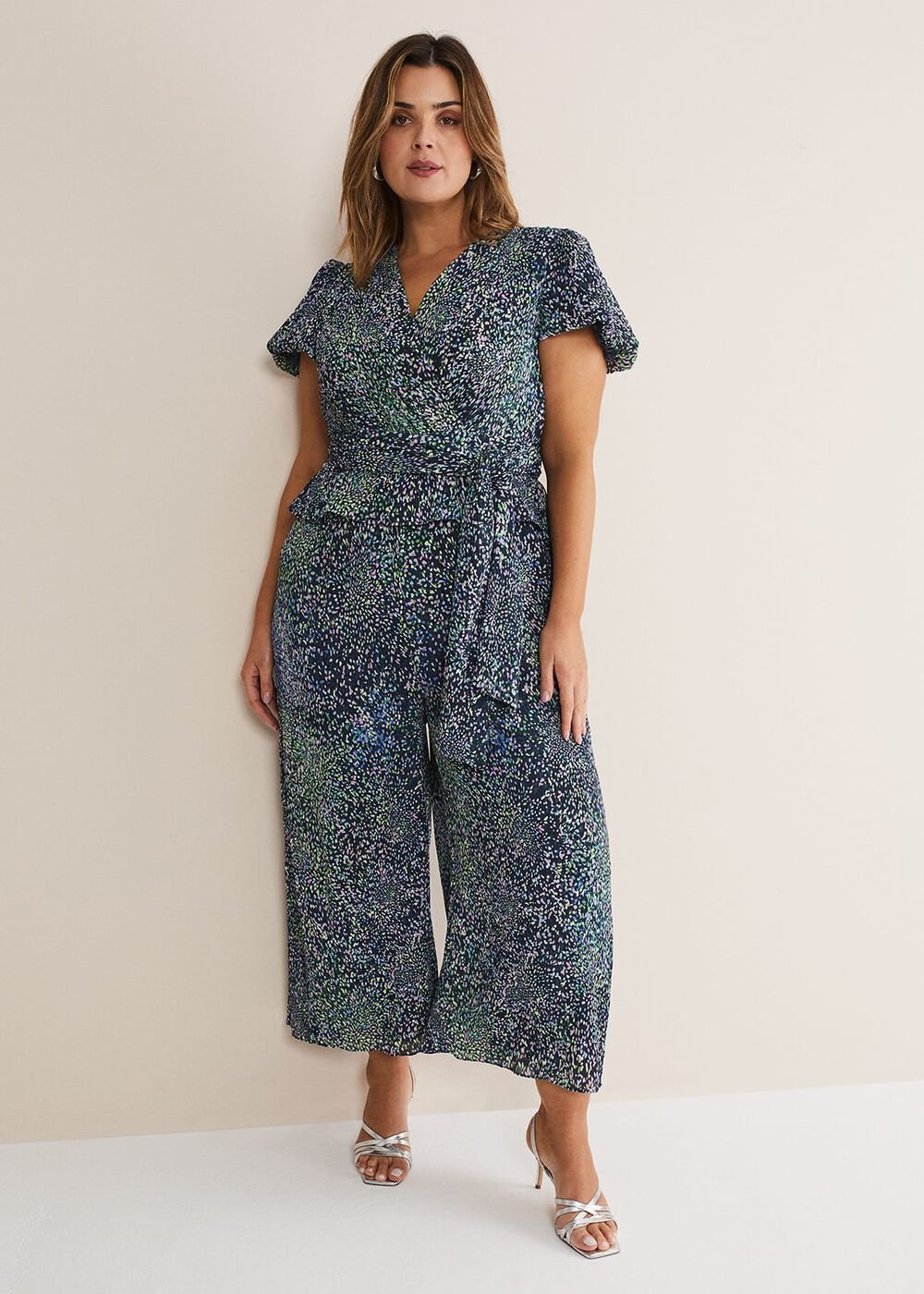 Leora Wrap Printed Plisse Jumpsuit Navy/Multi