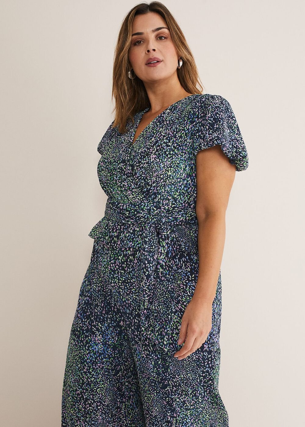 Leora Wrap Printed Plisse Jumpsuit Navy/Multi