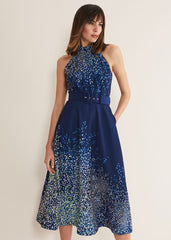 Navy Blue Halterneck Midi Dress with Splash Print French Navy / Multi
