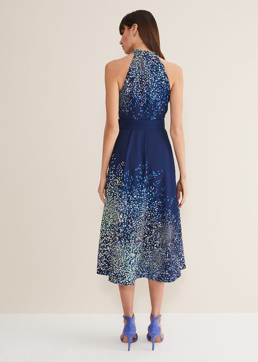 Navy Blue Halterneck Midi Dress with Splash Print French Navy / Multi