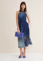 Navy Blue Halterneck Midi Dress with Splash Print French Navy / Multi