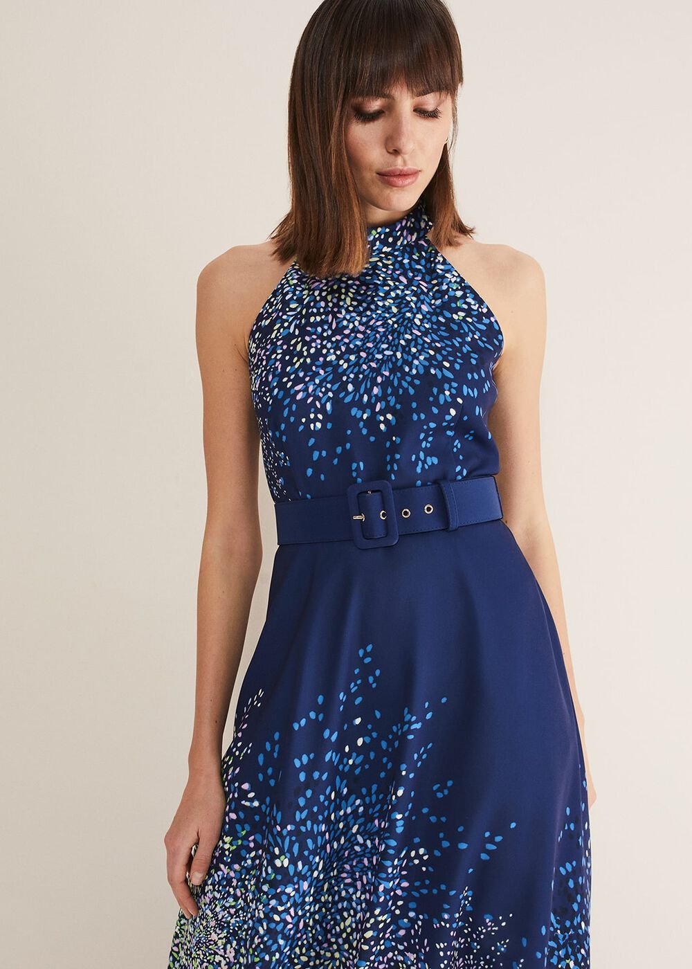 Navy Blue Halterneck Midi Dress with Splash Print French Navy / Multi
