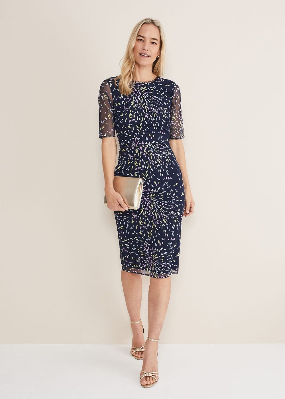 Navy Bodycon Midi Dress with Ditzy Print Embellishment Navy/Multi