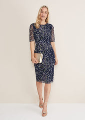 Navy Bodycon Midi Dress with Ditzy Print Embellishment Navy/Multi