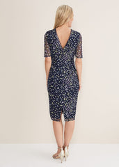 Navy Bodycon Midi Dress with Ditzy Print Embellishment Navy/Multi