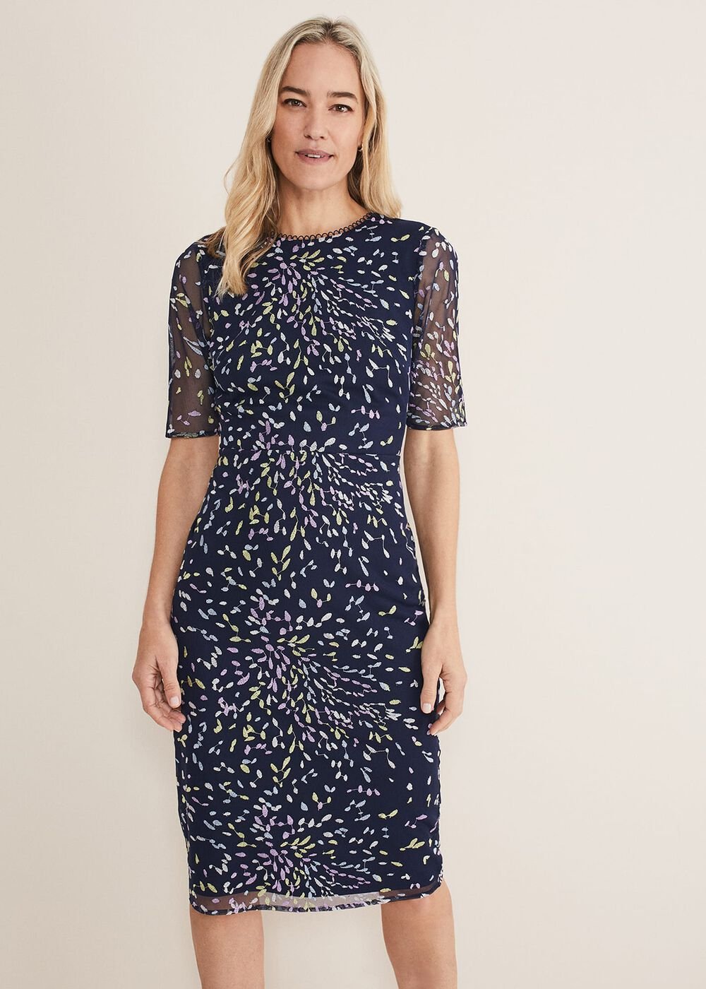 Navy Bodycon Midi Dress with Ditzy Print Embellishment Navy/Multi