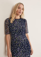 Navy Bodycon Midi Dress with Ditzy Print Embellishment Navy/Multi