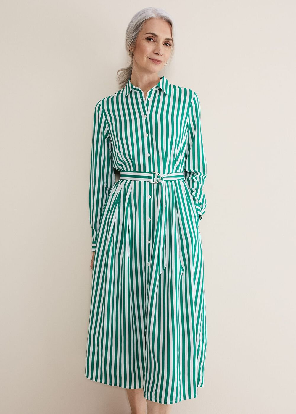 Ida Stripe Shirt Midi Dress Green