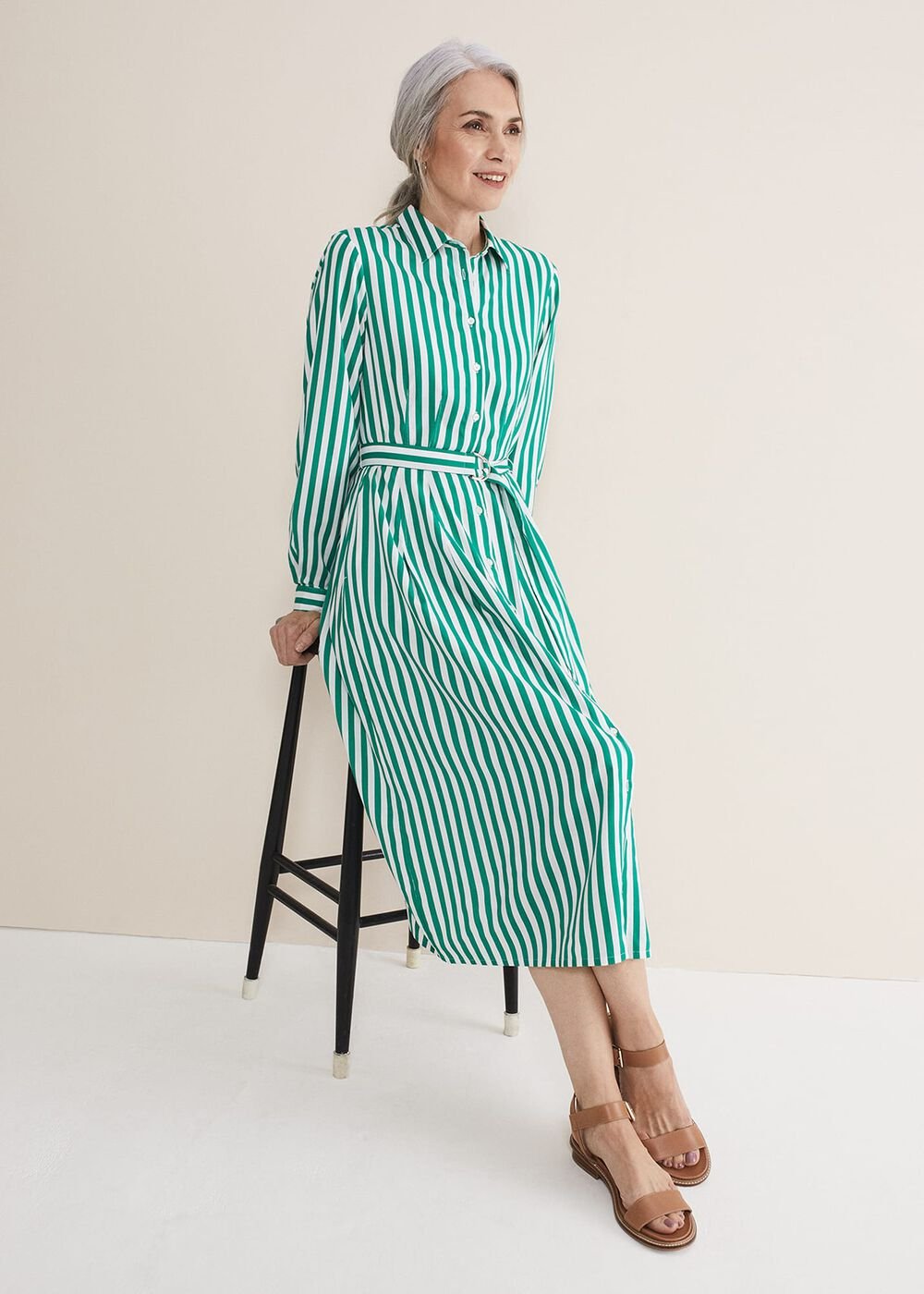 Ida Stripe Shirt Midi Dress Green