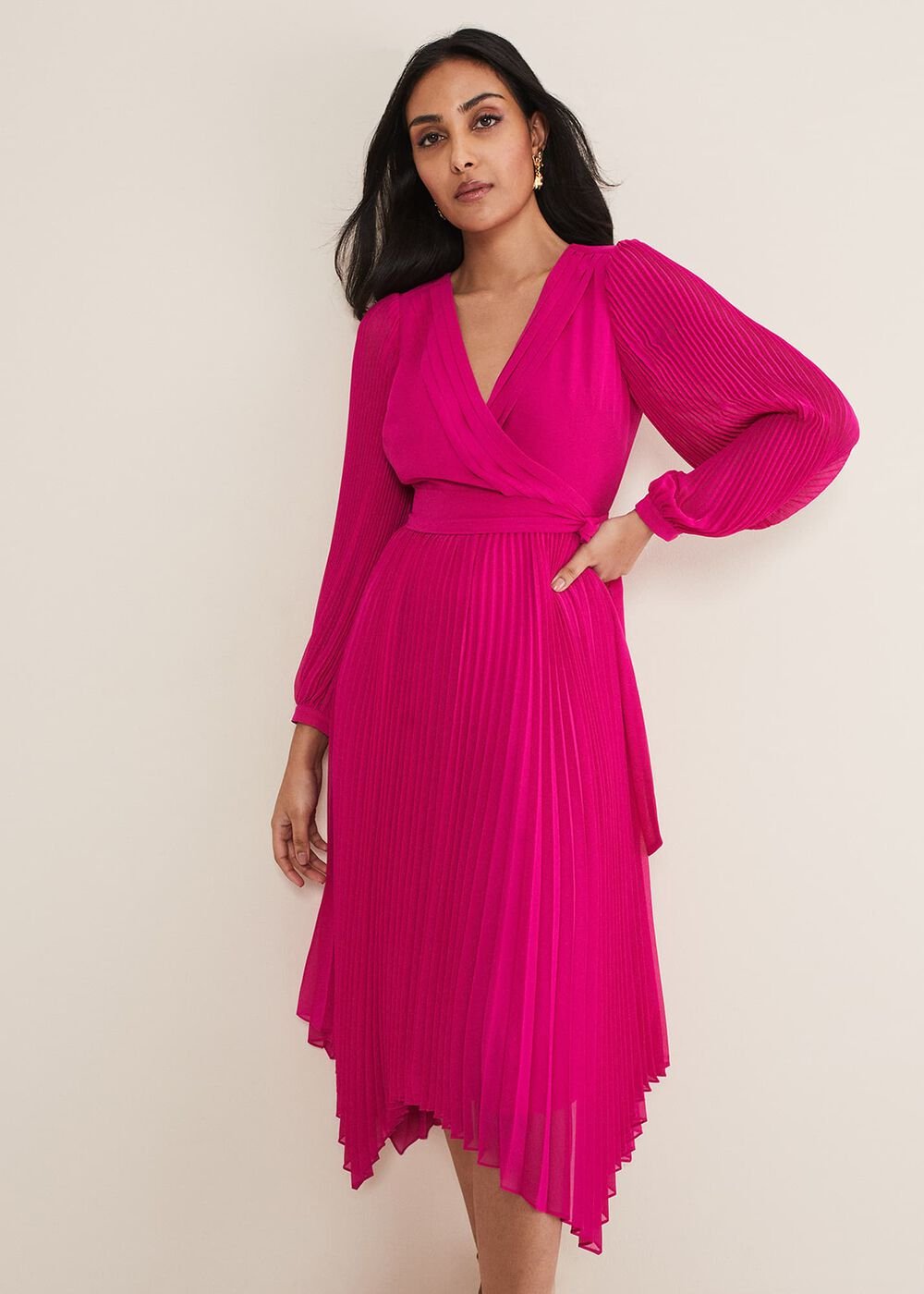 Petite Petra Wrap Pleated Midi Dress Magenta
