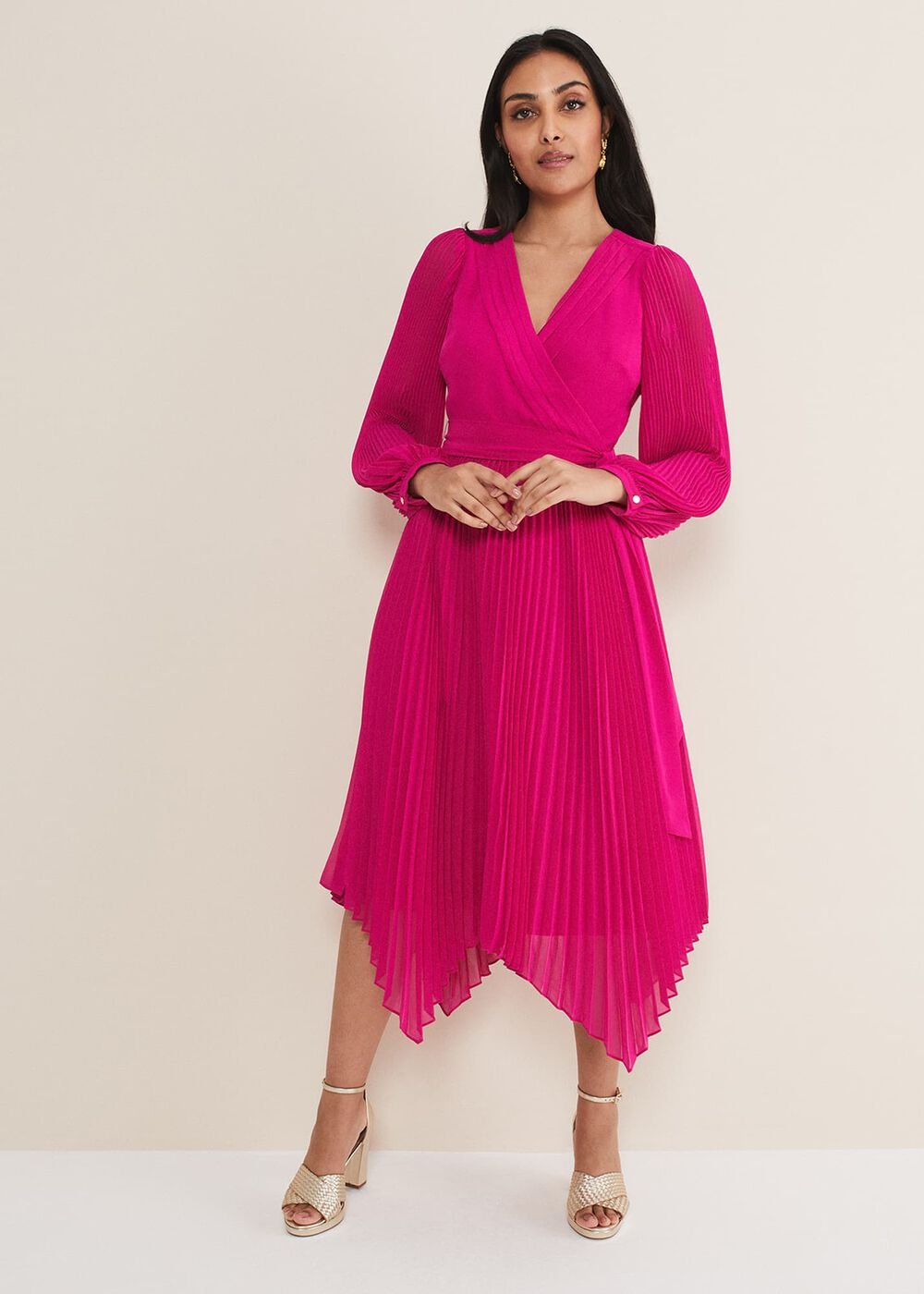 Petite Petra Wrap Pleated Midi Dress Magenta