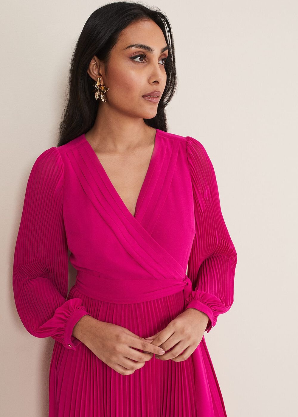 Petite Petra Wrap Pleated Midi Dress Magenta