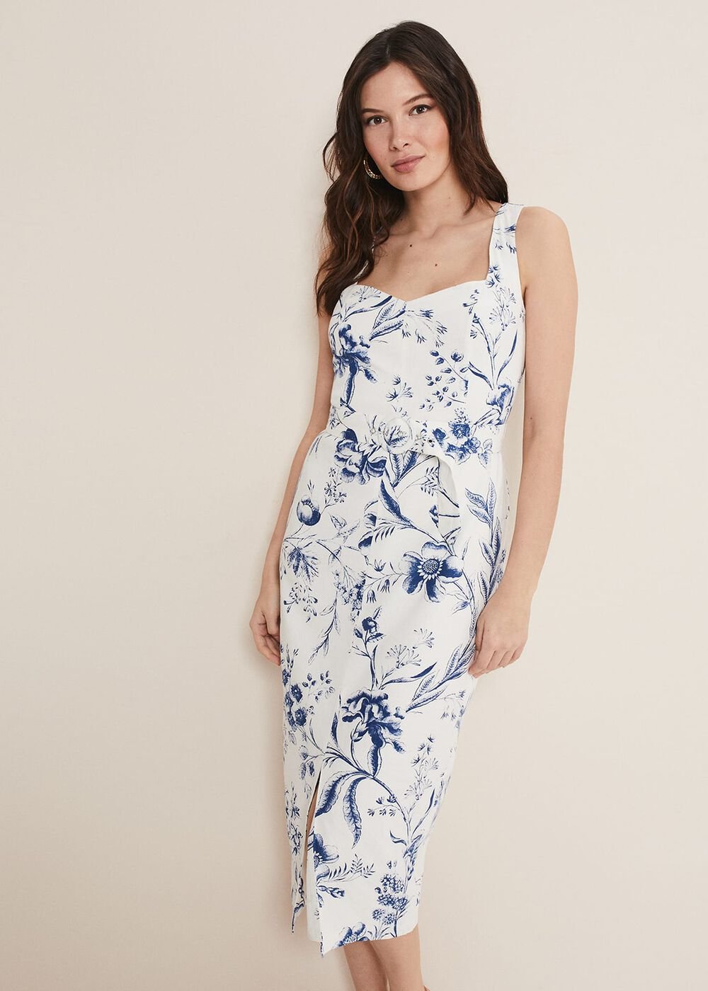 Kaya Linen Floral Bodycon Midi Dress White/Blue