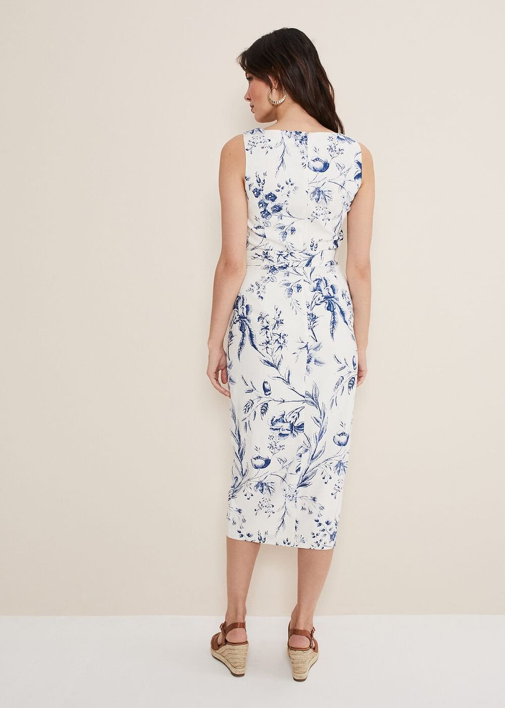 Kaya Linen Floral Bodycon Midi Dress White/Blue