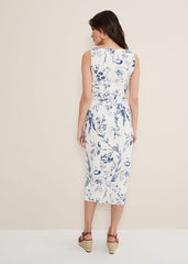 Kaya Linen Floral Bodycon Midi Dress White/Blue