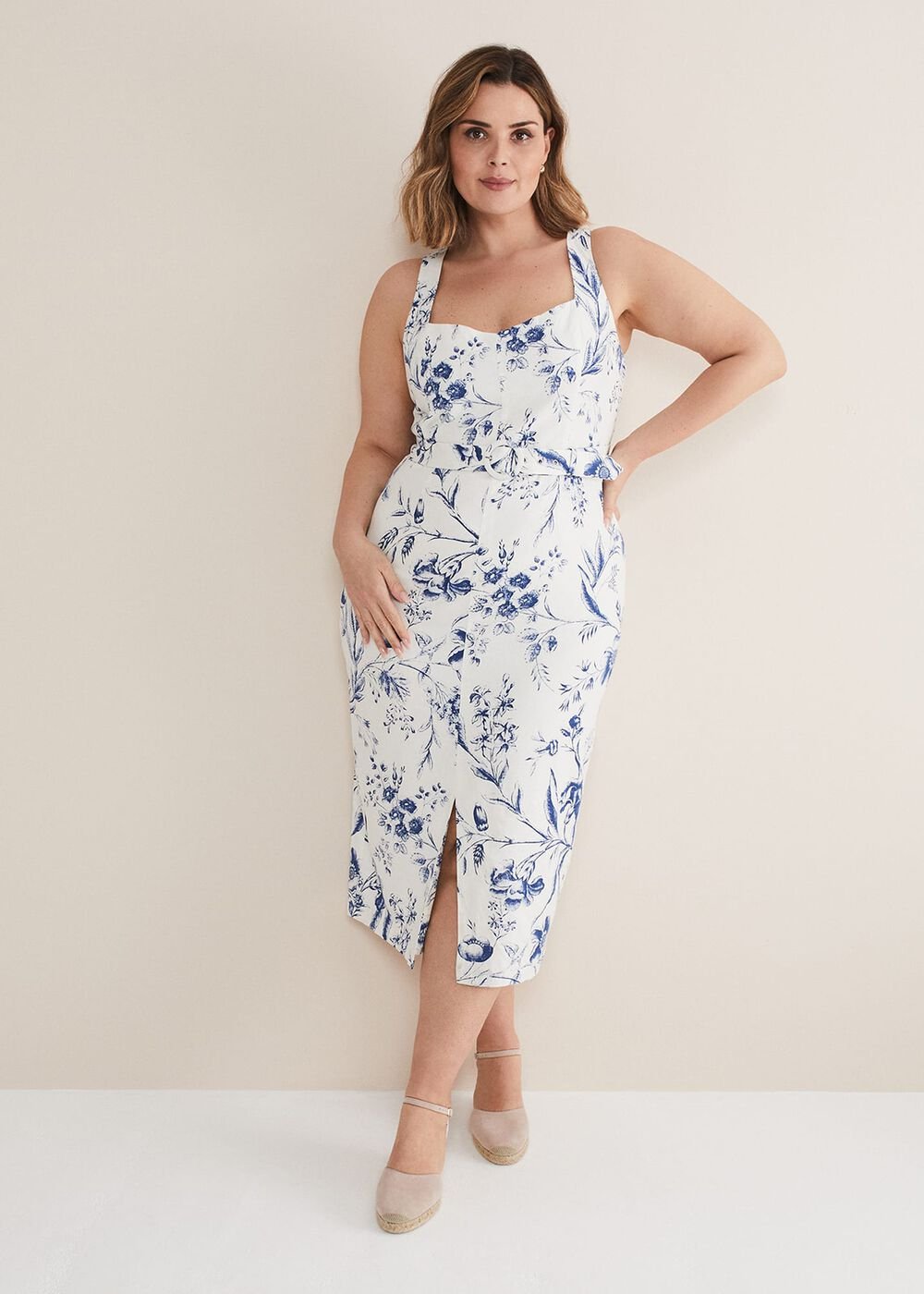 Kaya Linen Floral Bodycon Midi Dress White/Blue