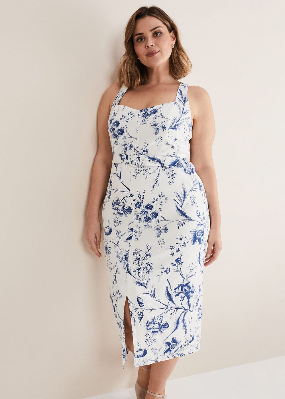Kaya Linen Floral Bodycon Midi Dress White/Blue