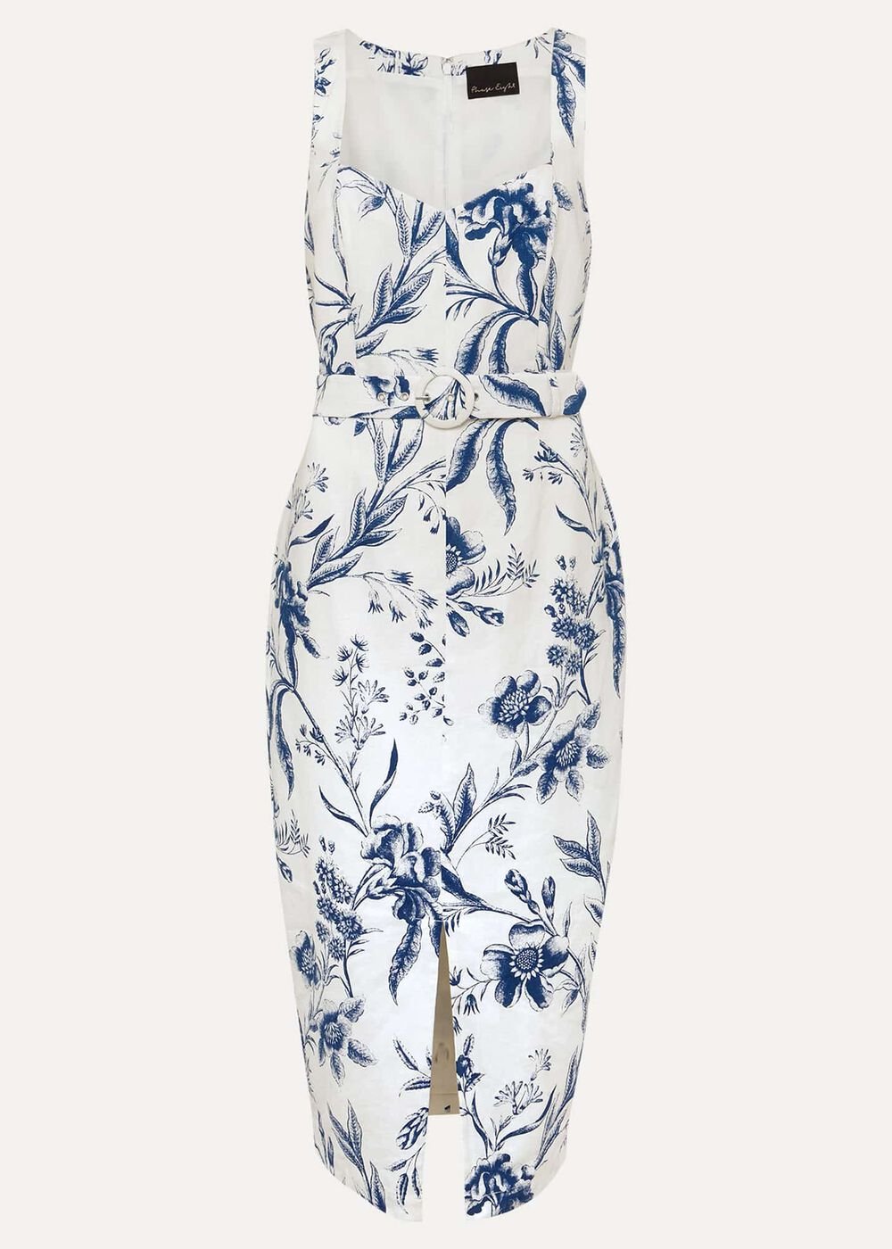 Kaya Linen Floral Bodycon Midi Dress White/Blue