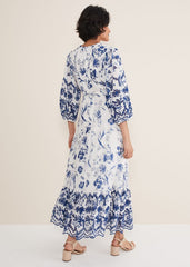 Abriella Floral Broderie Midi Dress Blue/White