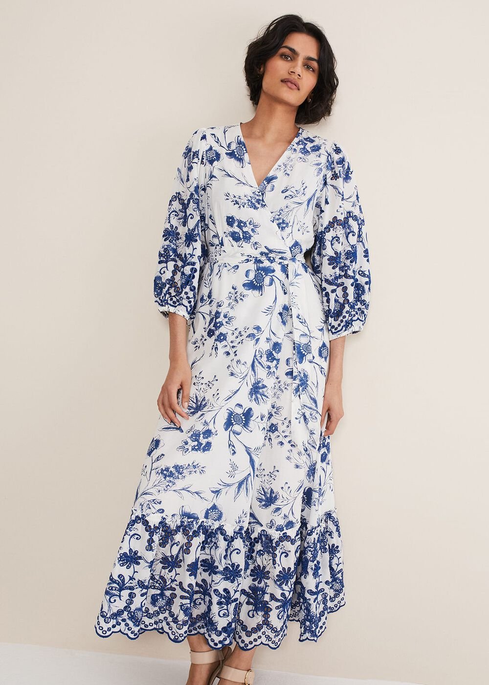 Abriella Floral Broderie Midi Dress Blue/White