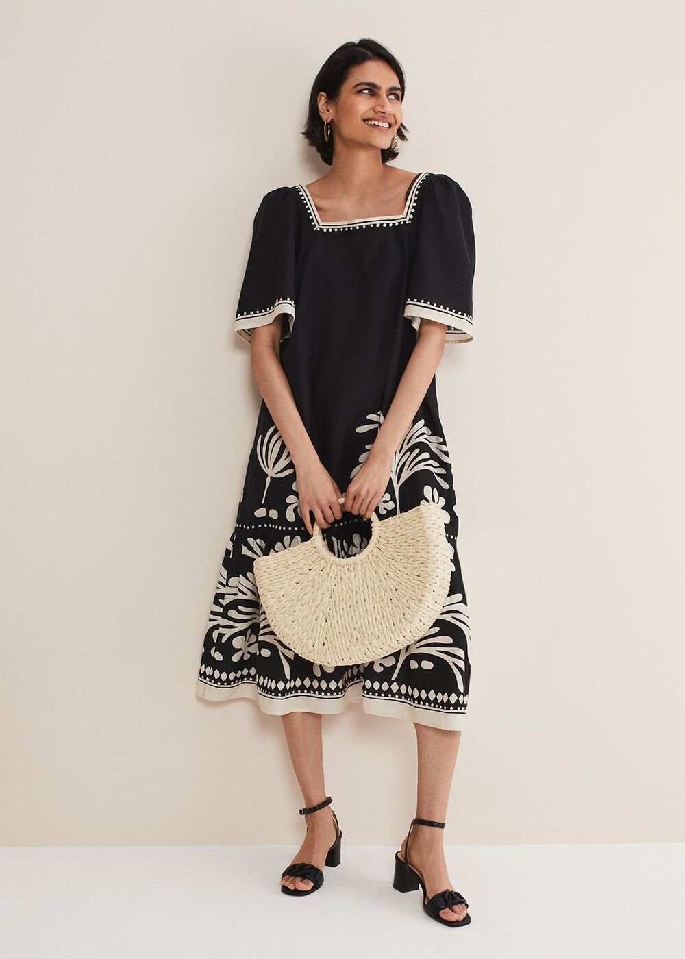 Claria Linen Midi Dress Black/Ivory