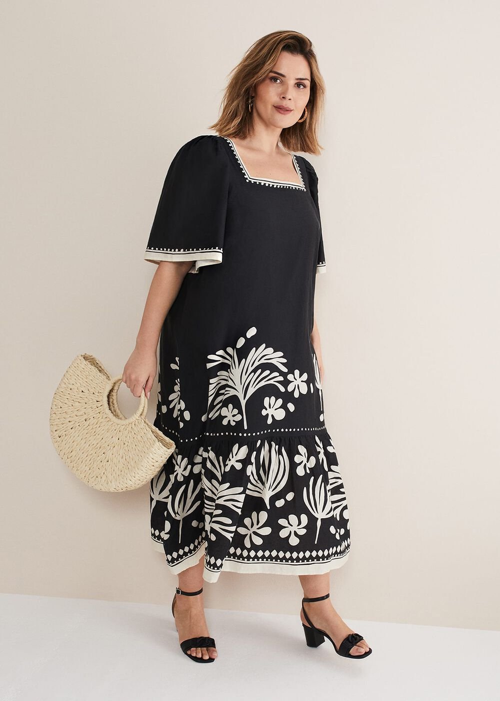 Claria Linen Midi Dress Black/Ivory