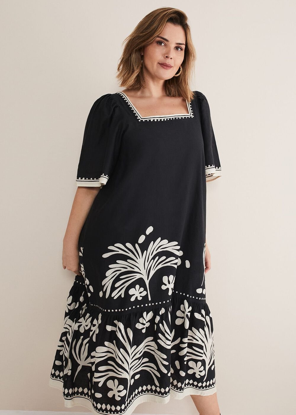 Claria Linen Midi Dress Black/Ivory
