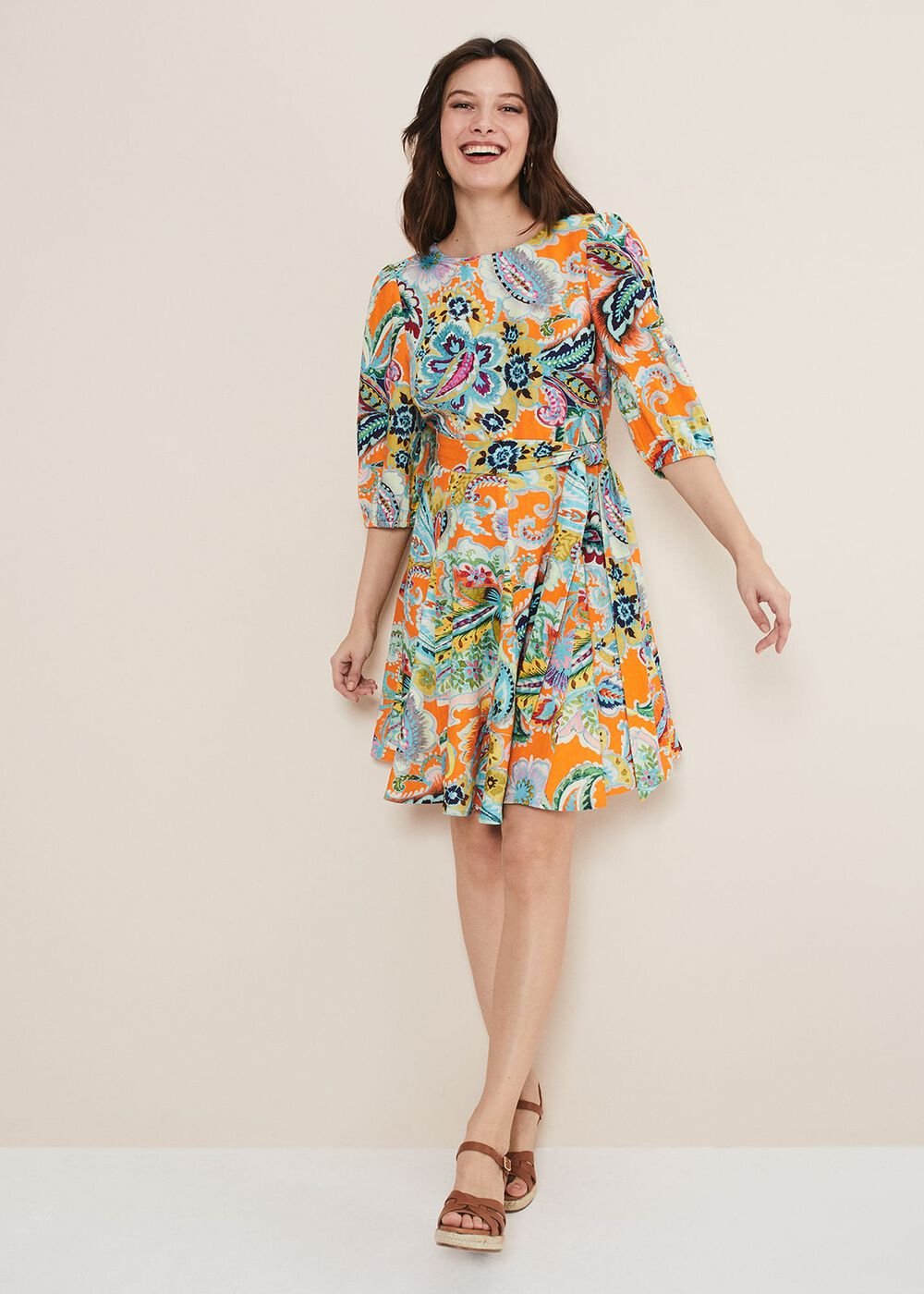 Azalia Paisley Linen Swing Dress Orange/Multi