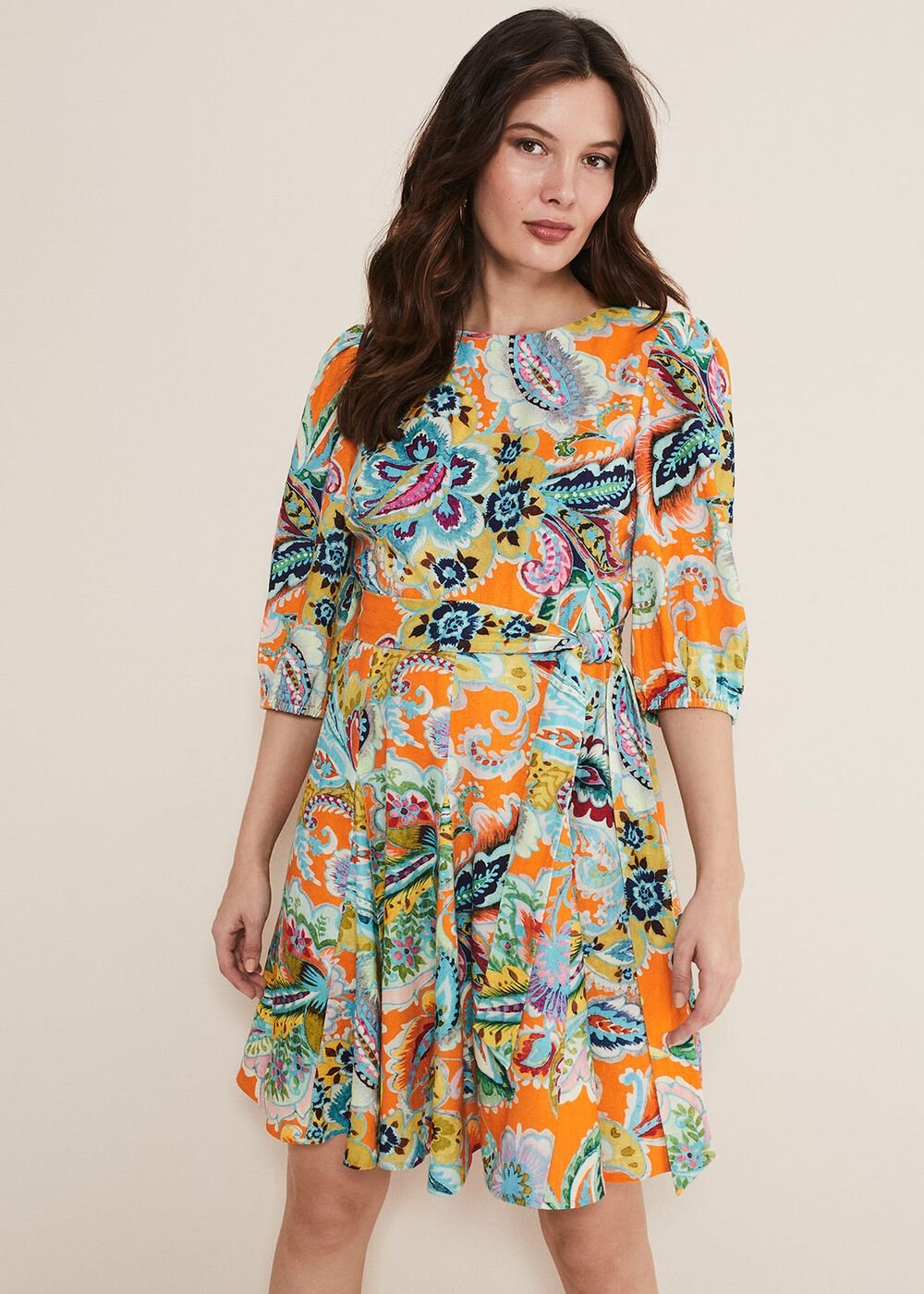 Azalia Paisley Linen Swing Dress Orange/Multi