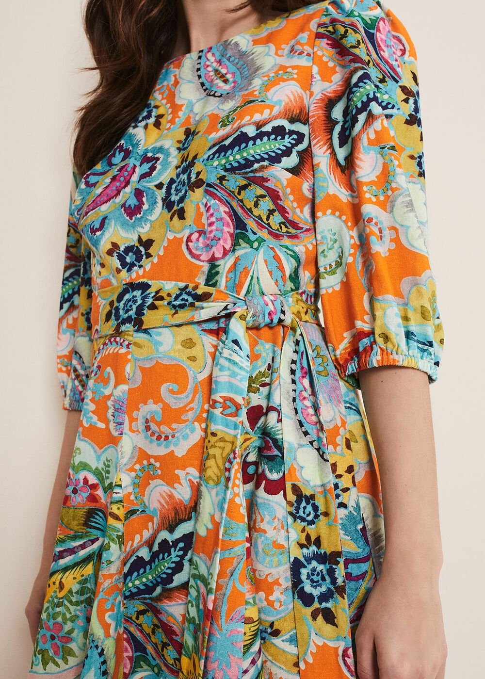 Azalia Paisley Linen Swing Dress Orange/Multi
