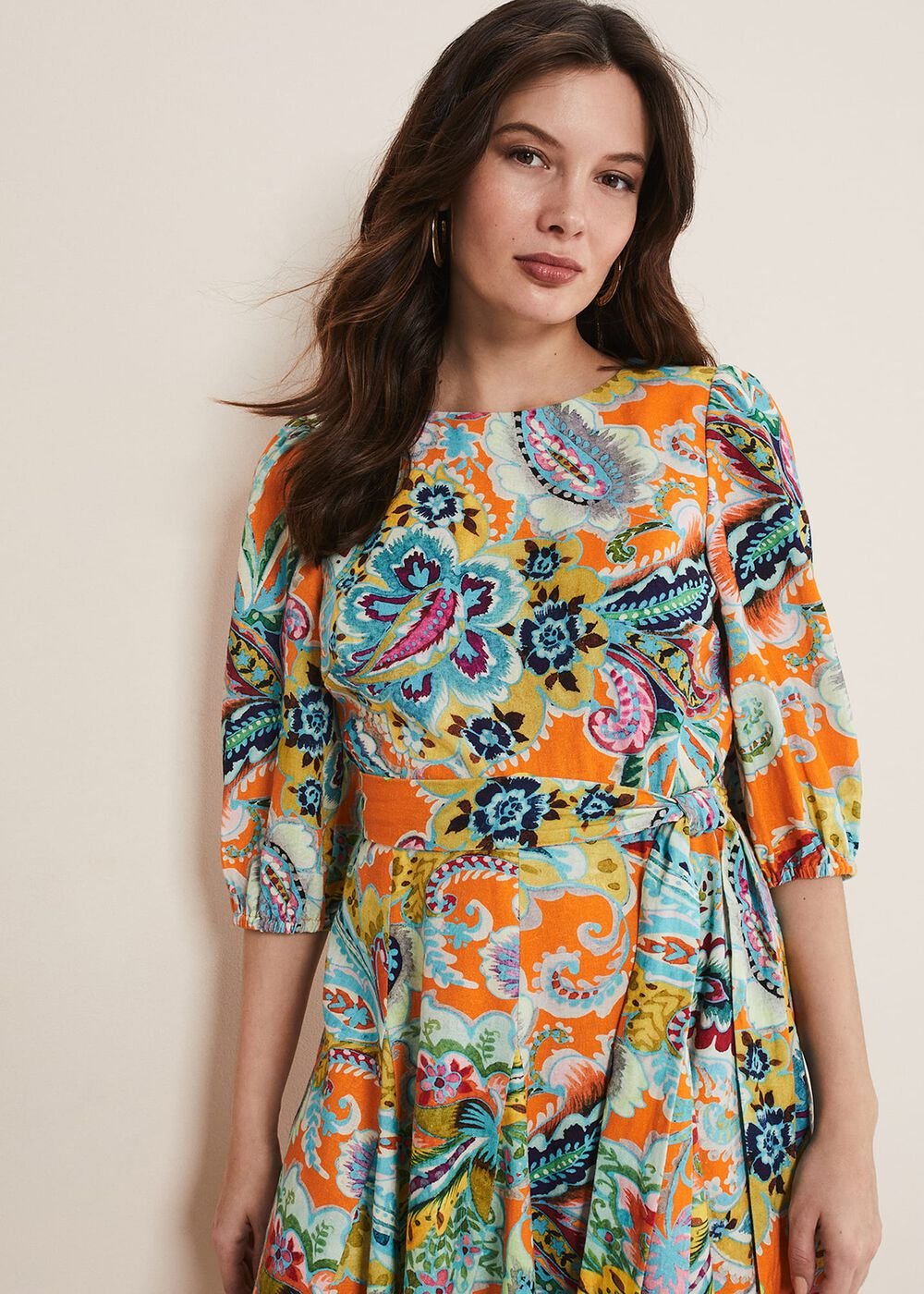 Azalia Paisley Linen Swing Dress Orange/Multi