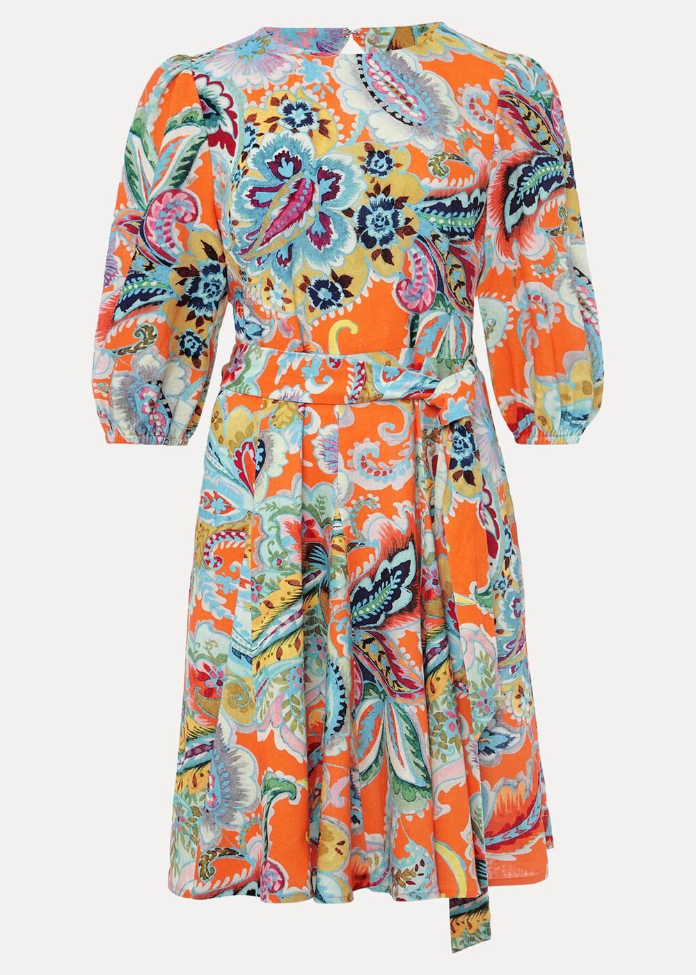 Azalia Paisley Linen Swing Dress Orange/Multi