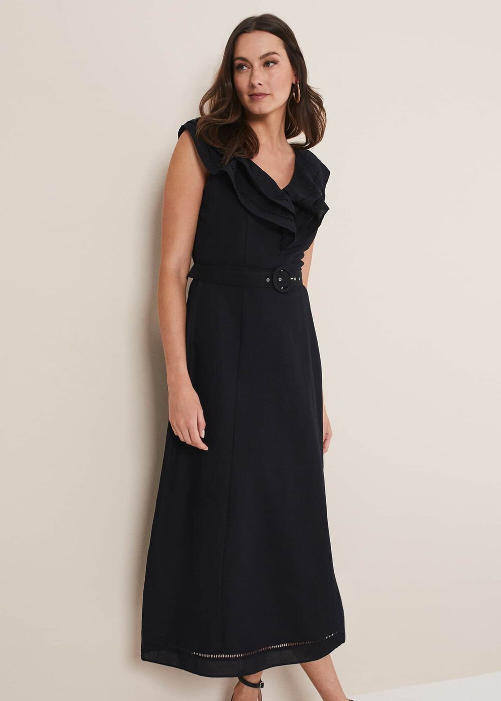 Julieta Frill Broderie Linen Midi Dress Black