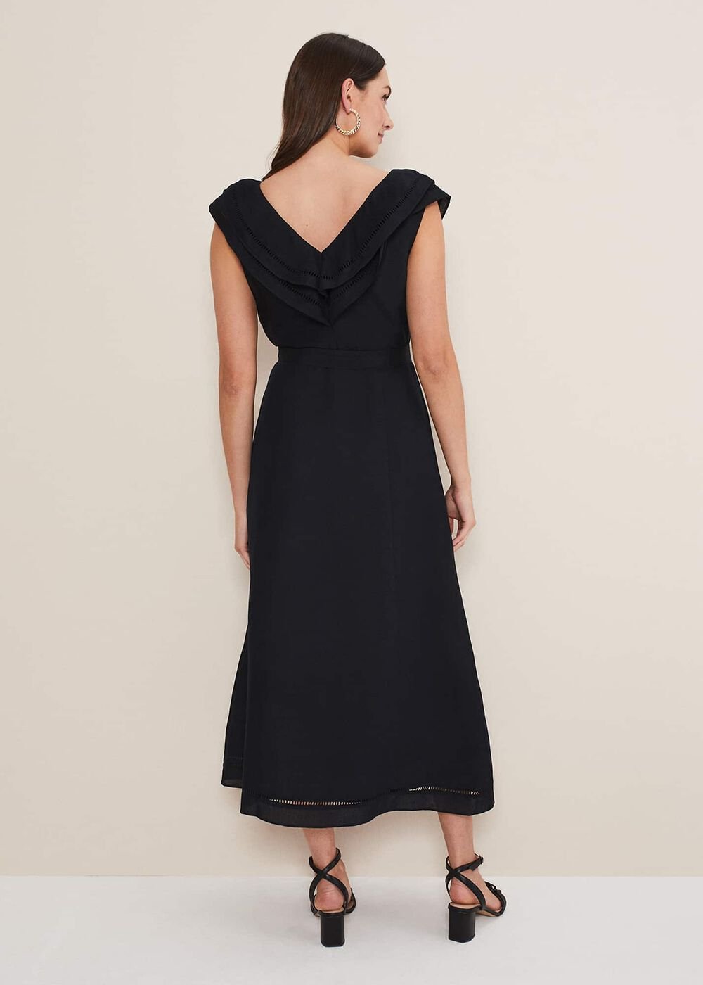 Julieta Frill Broderie Linen Midi Dress Black